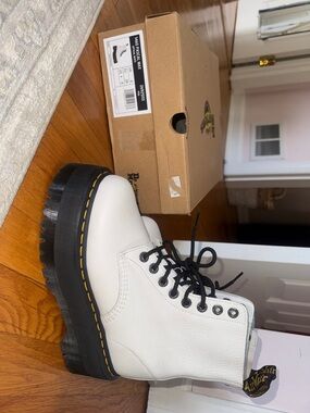 Dr. Martens White Leather Lace-Up Platform Boots with Black Sole